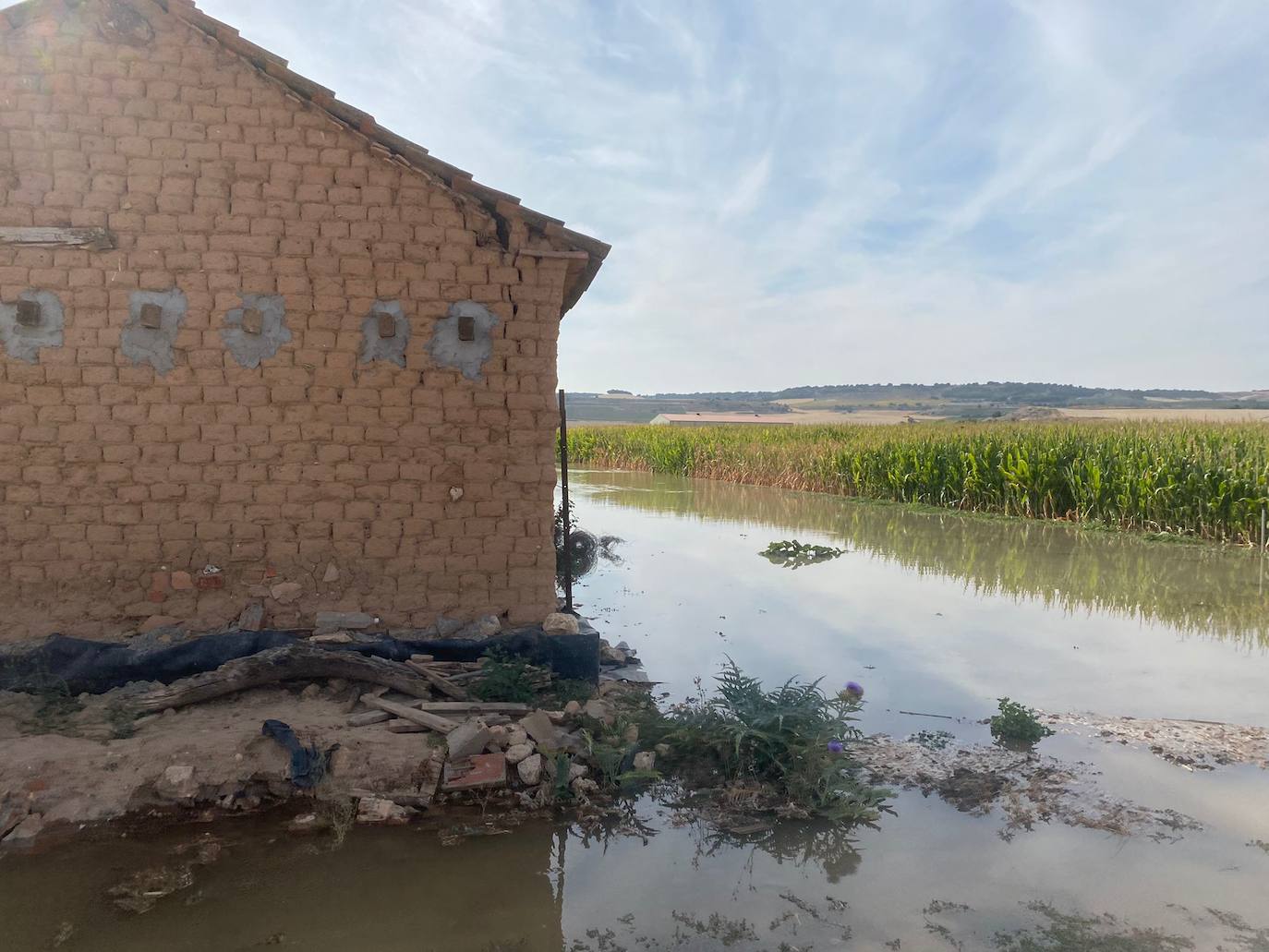 Estado de la zona afectada tras el reventón de una tubería en el canal de Riaza, en Valbuena de Duero.