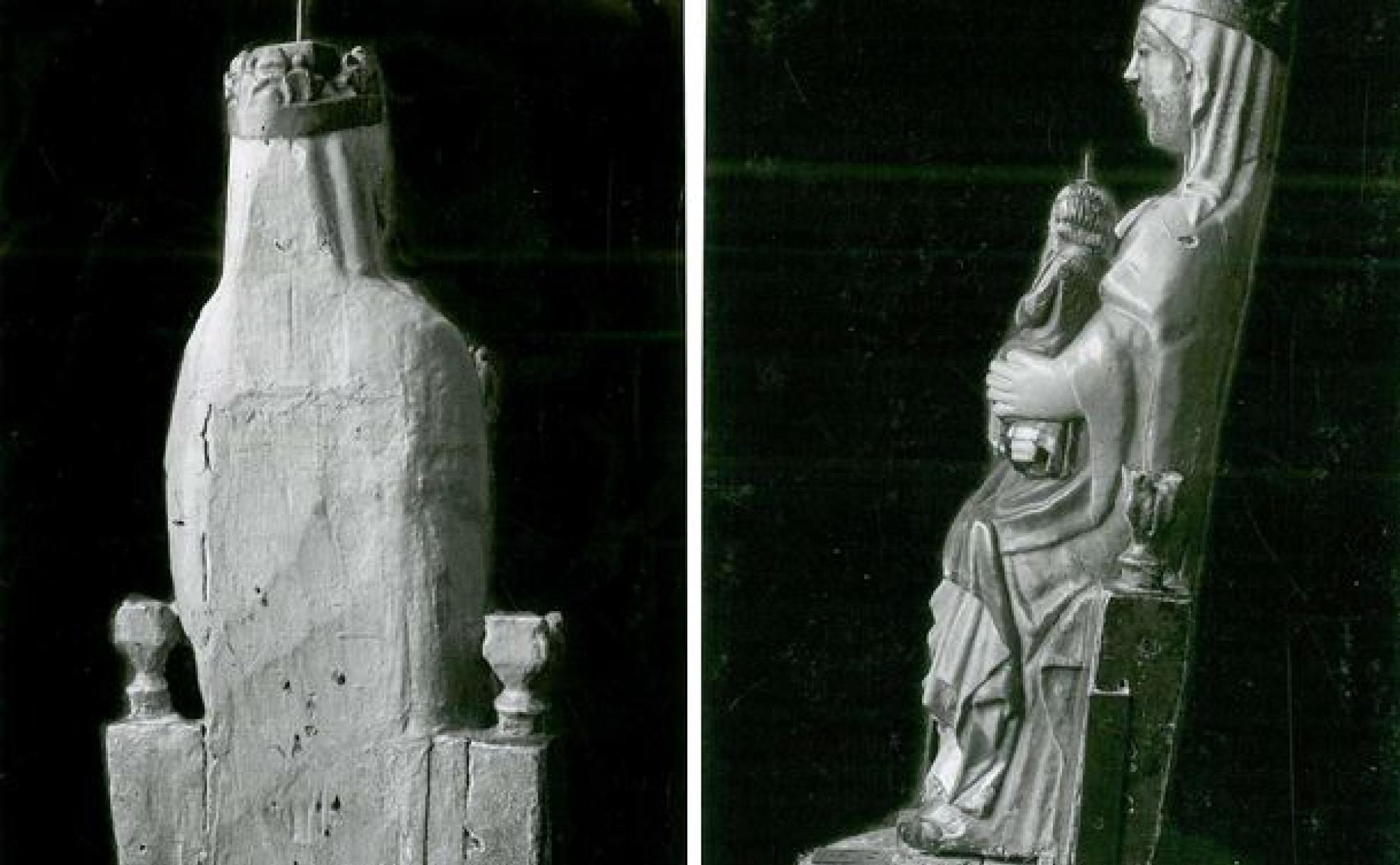 Estado en el que se encontraba la Virgen de San Lorenzo al quitarle los mantos y, a la derecha, tras la restauración de 1956.