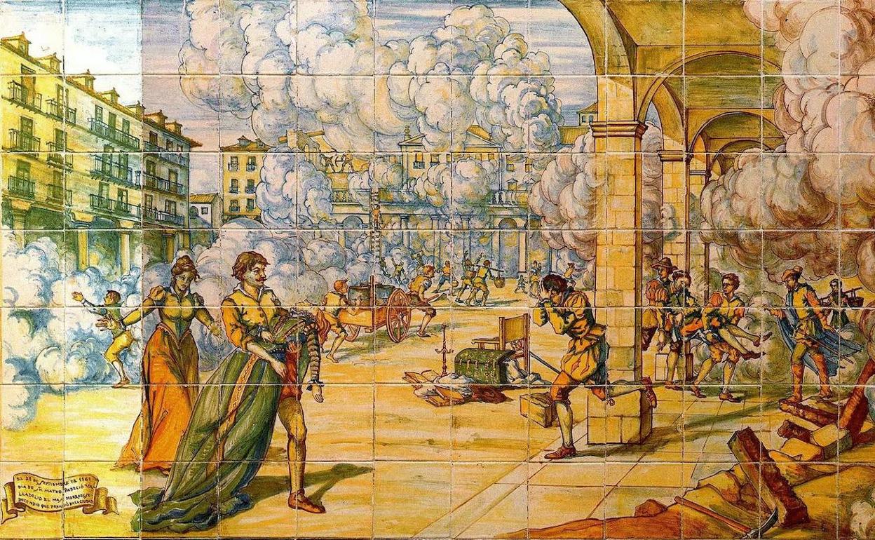 Azulejo en el zaguán del edificio de la Diputación de Valladolid que representa el incendio de 1561 en la ciudad.