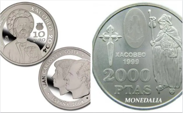 Monedas especiales con motivo de Año Xacobeo en 2004 y 1999 (la úlima en pesetas) 