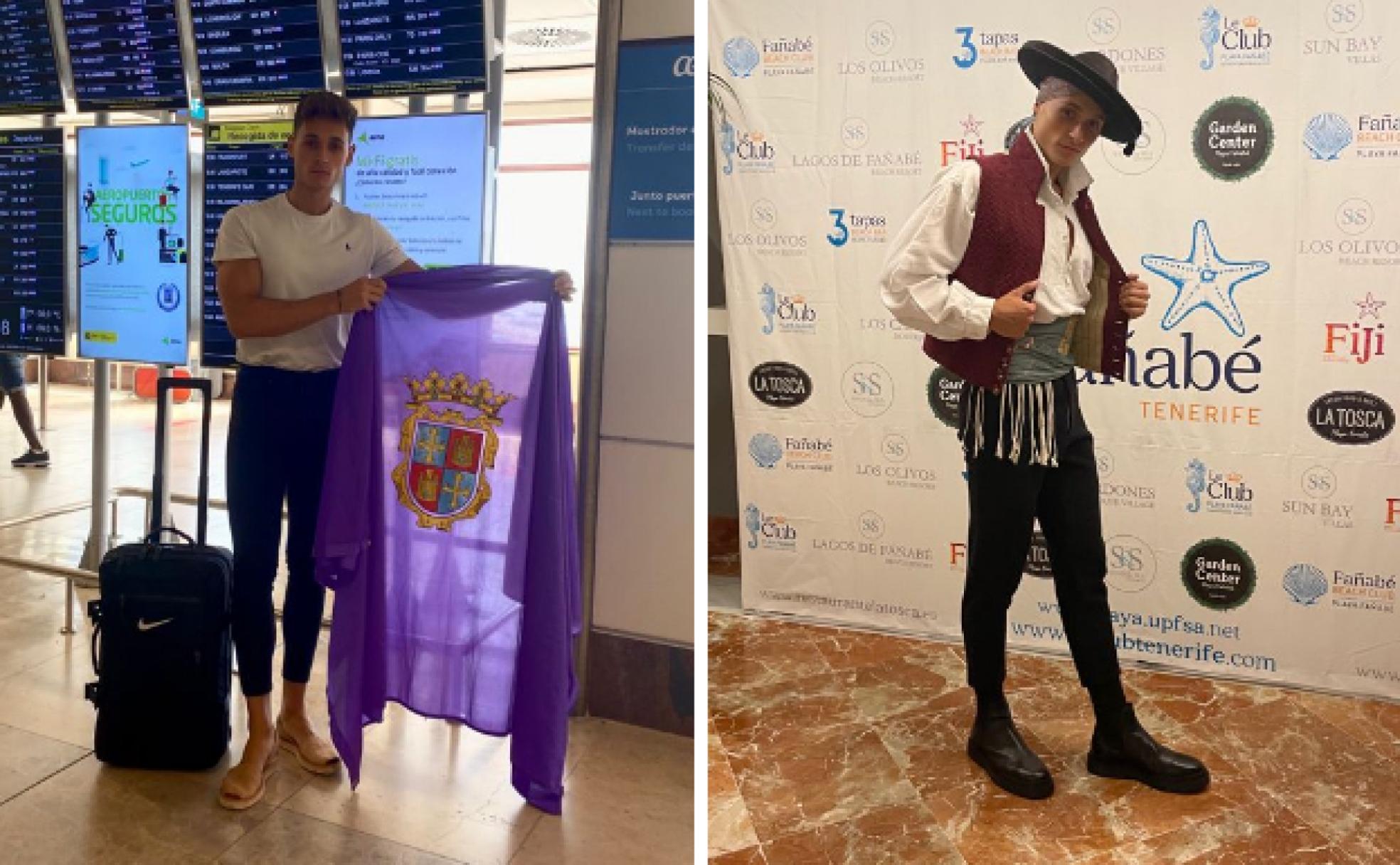 Diego Moratinos posa con la bandera de Palencia en el aeropuerto y con el traje local en el concurso. 