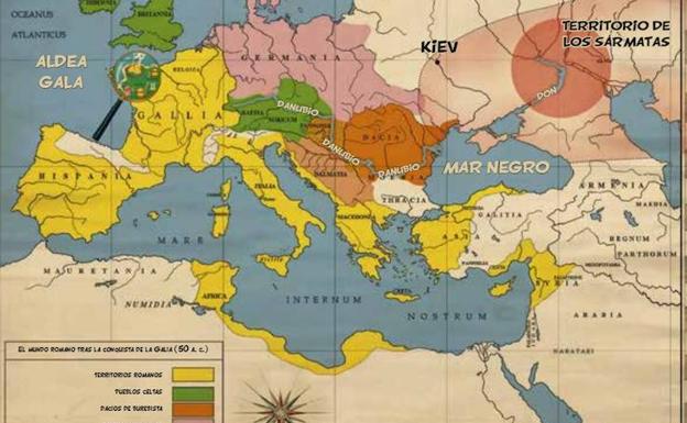 Mapa de Europa con la aldea gala y el territorio de los sármatas. 