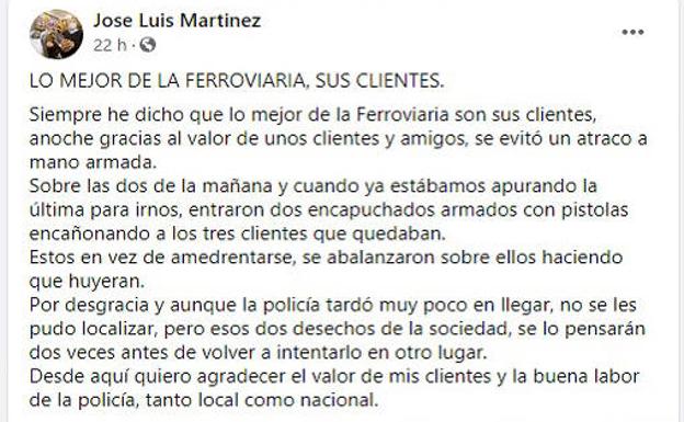 Mensaje de agradecimiento a los clientes colgado en las redes sociales por el dueño de La Ferroviaria. 