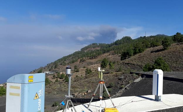 Medidores del Grupo GOA de la UVA. Al fondo, el penacho del volcán Cumbre Vieja. 