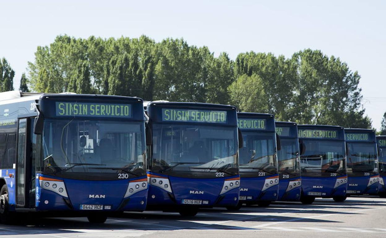 Flota de autobuses de Auvasa aparcados en las cocheras del polígono de Argales.
