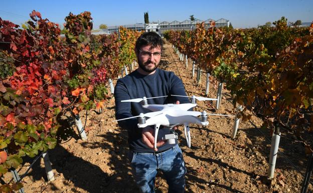 Sergio Vélez muestra el dron que utiliza para sus trabajos de teledetección en una de las parcelas del Itacyl.