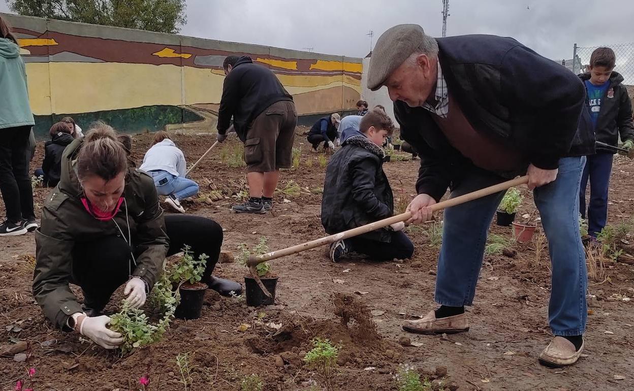 Los vecinos, en plena plantación. 