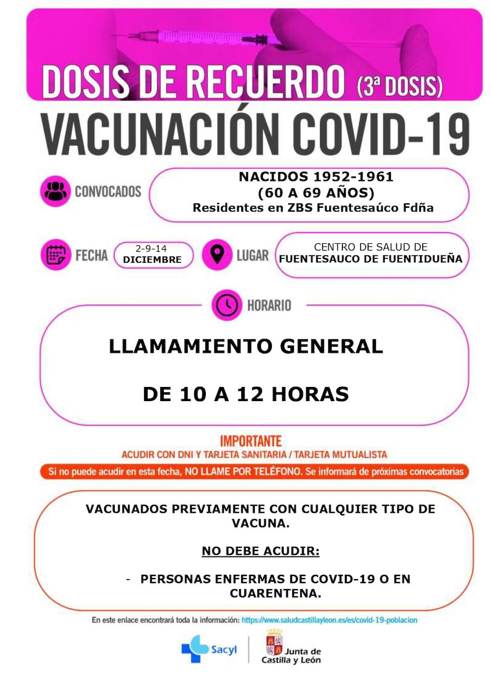 Información y horarios sobre la vacunación en la zona de Fuentesaúco de Fuentidueña..