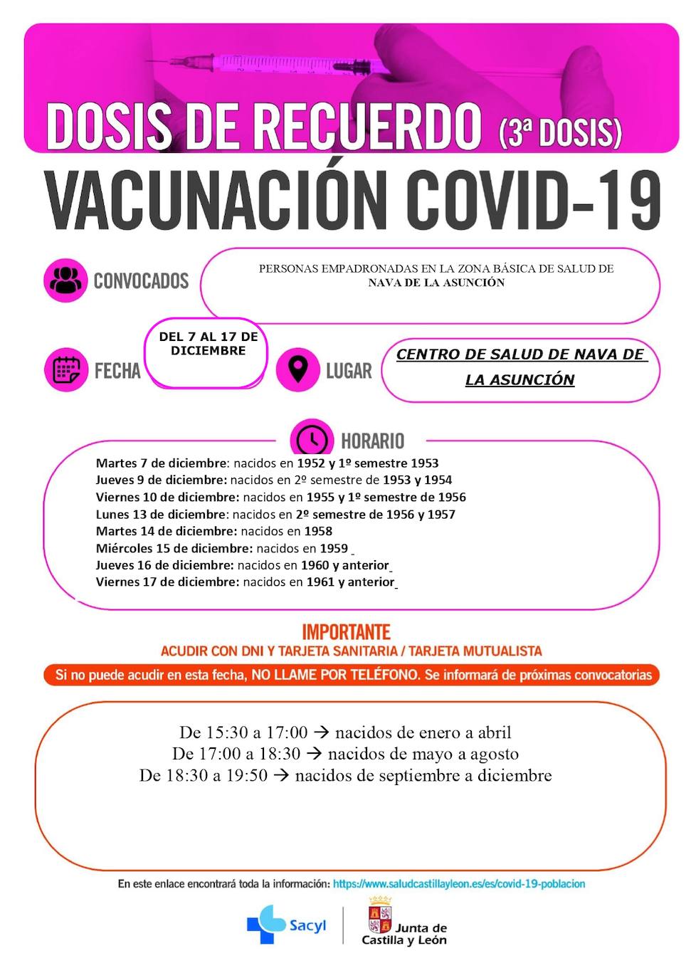 Información y horarios sobre la vacunación en la zona de Nava de la Asunción..