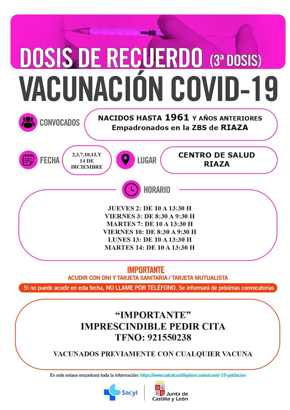 Información y horarios sobre la vacunación en la zona de Riaza.