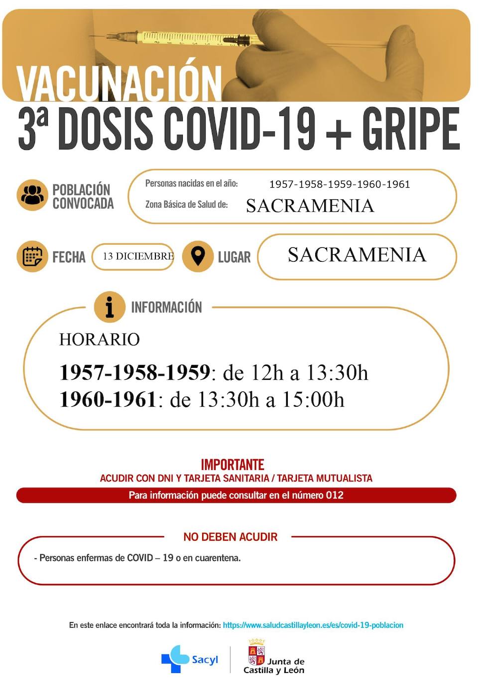 Información y horarios sobre la vacunación en Sacramenia.