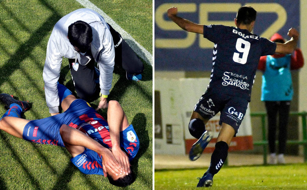 A la izquierda, instantes después de la lesión el 3 de abril de 2021 en León; a la derecha, celebración de su gol minutos después de su reaparición el pasado domingo.