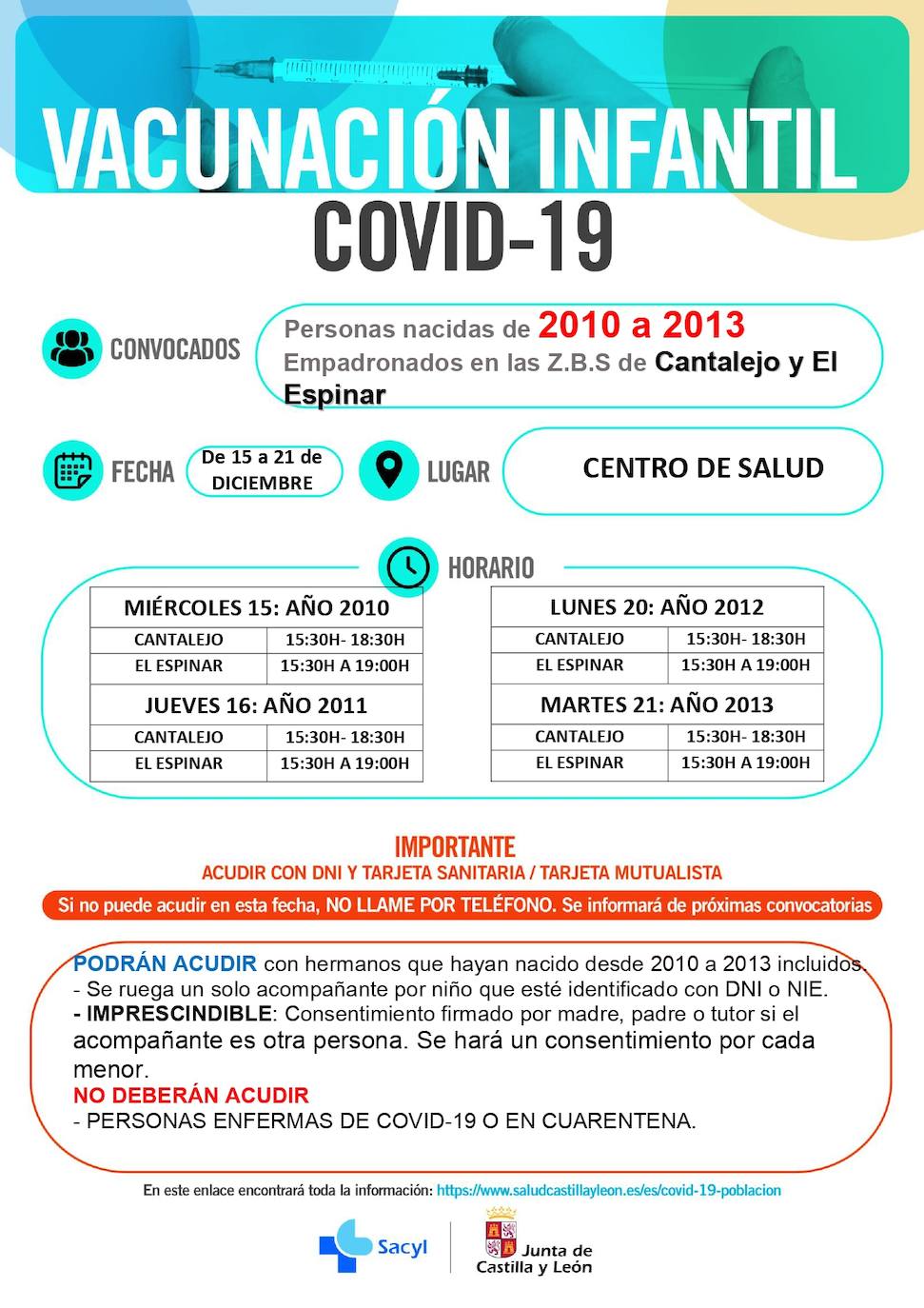 Información y horarios sobre la vacunación en Cantalejo y El Espinar.