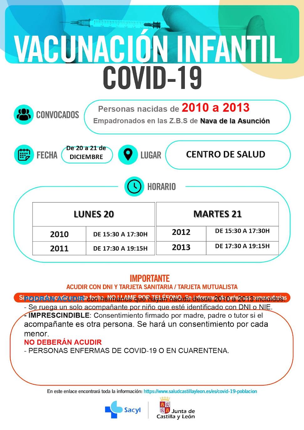 Información y horarios sobre la vacunación en Nava de la Asunción.