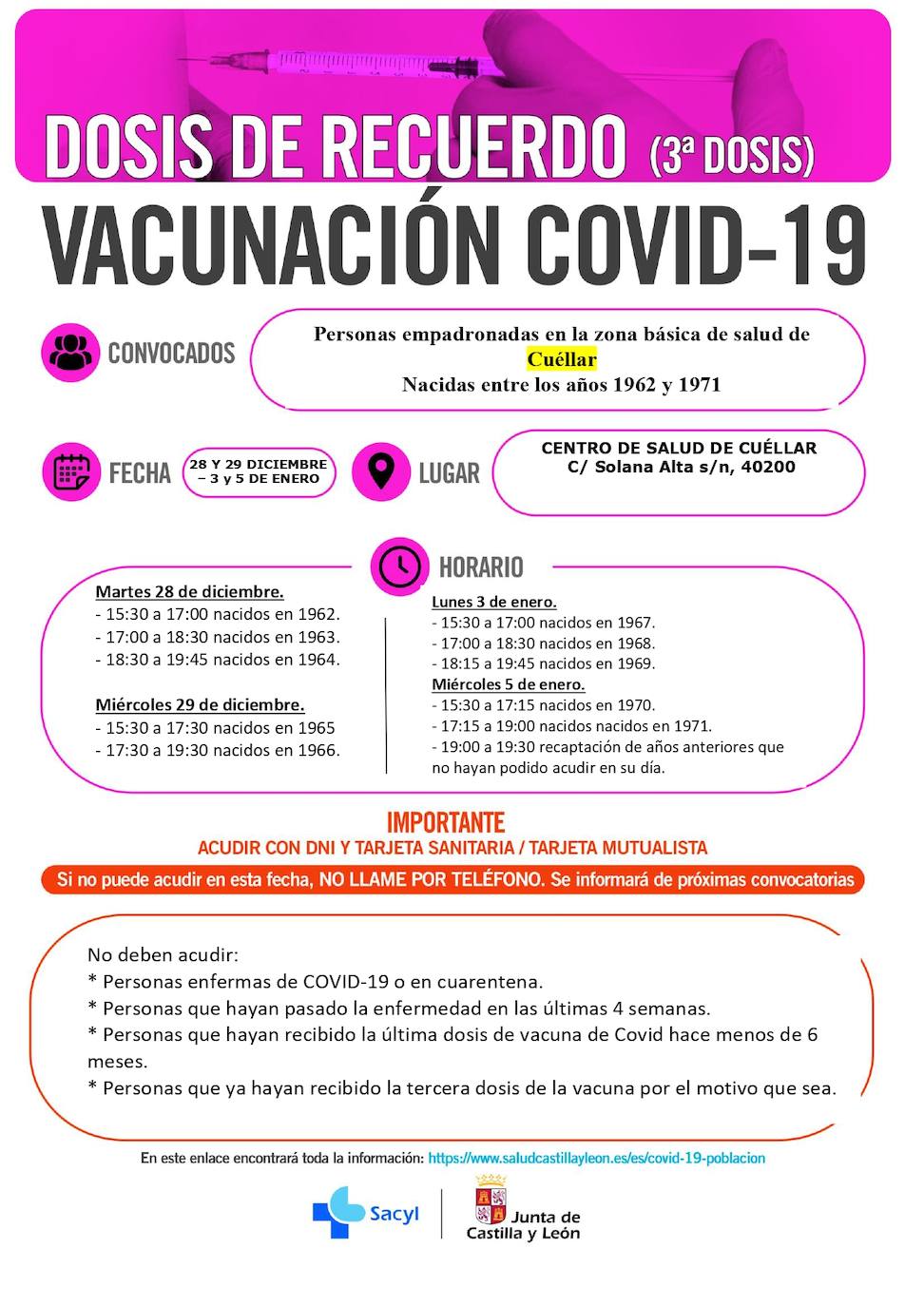 Calendario de vacunación con terceras dosis en Cuéllar.