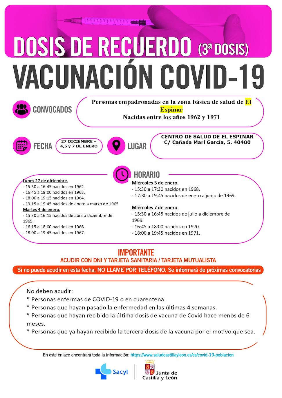 Calendario de vacunación con terceras dosis en la zona de El Espinar.