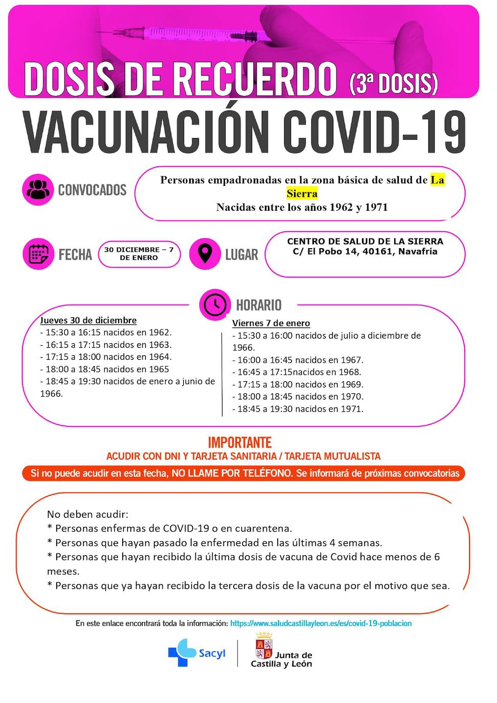 Calendario de vacunación con terceras dosis en la zona de La Sierra.