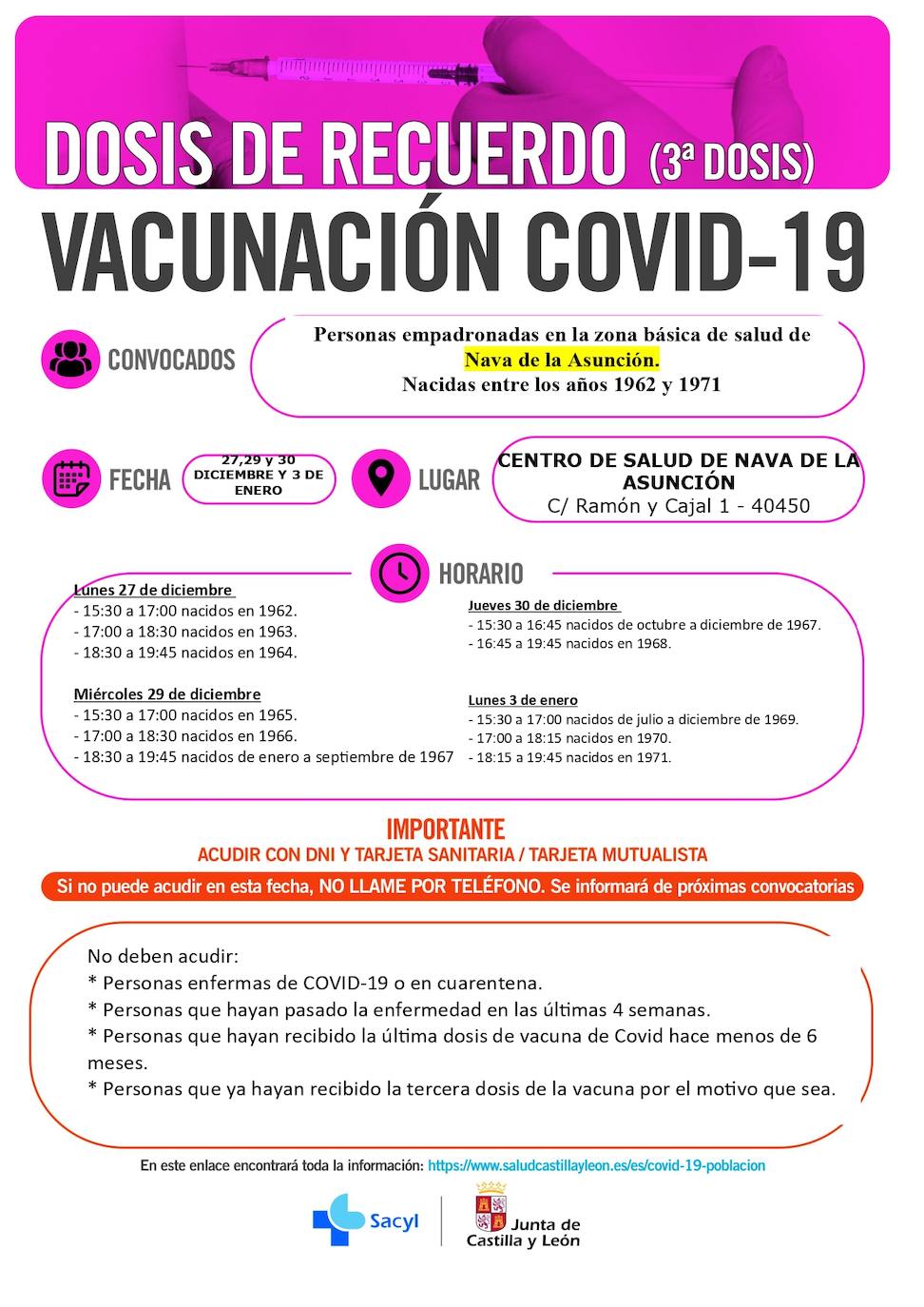 Calendario de vacunación con terceras dosis en la zona de Nava de la Asunción.