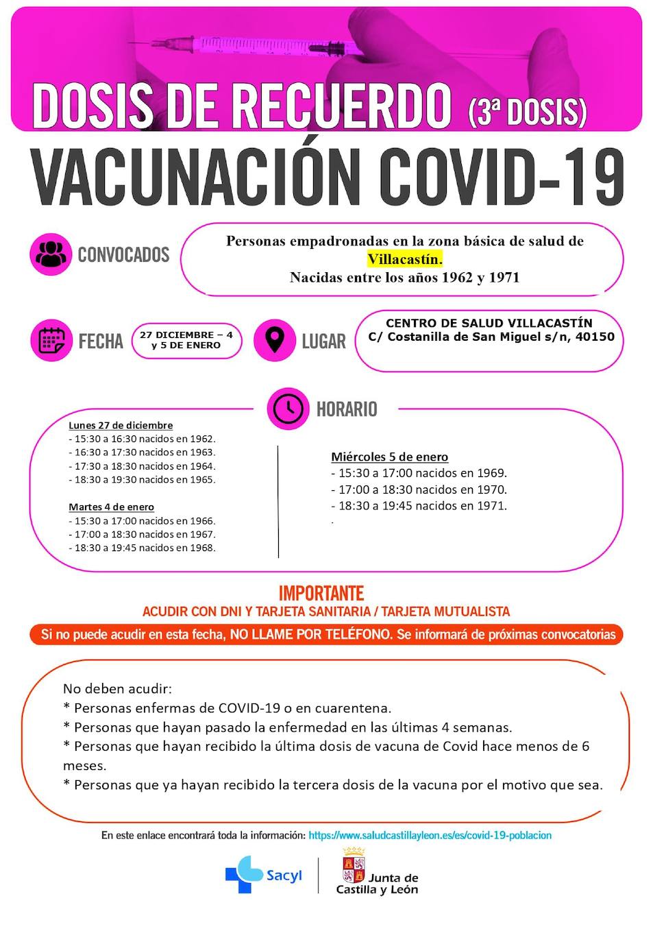 Calendario de vacunación con terceras dosis en la zona de Villacastín.