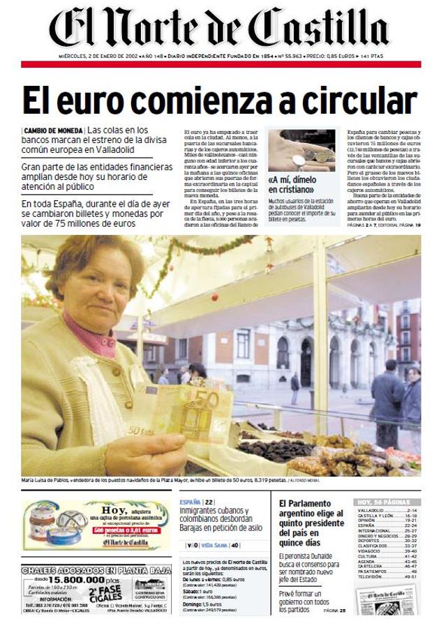 Portada del 2 de enero de 2002 en El Norte de Castilla con el euro como gran protagonista.