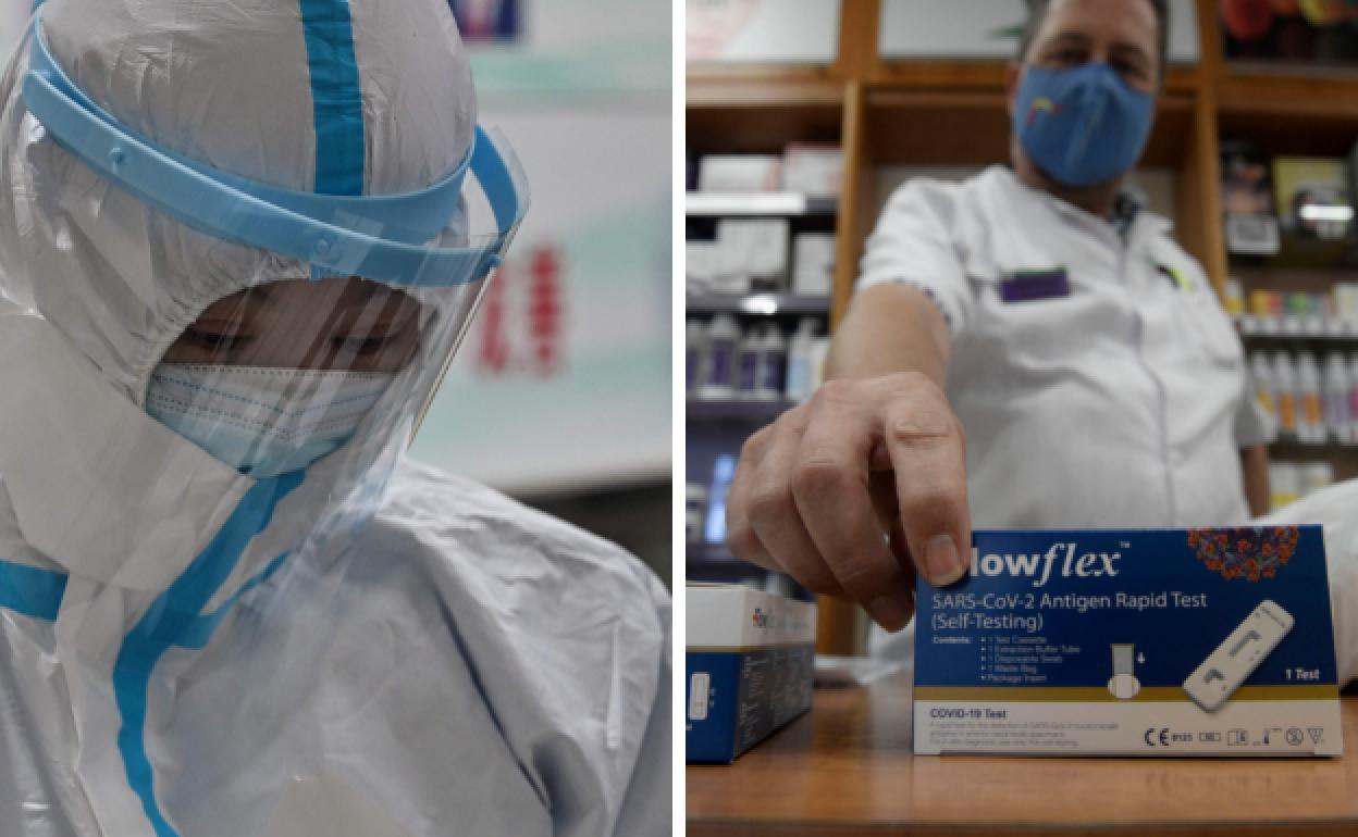 Wuhan, 25 de enero de 2020: una de las primeras imágenes de médicos con ropa protectora para luchar contra el covid. A la derecha, un farmacéutico muestra un test de antígenos, clave actualmente en el autodiagnóstico del virus.