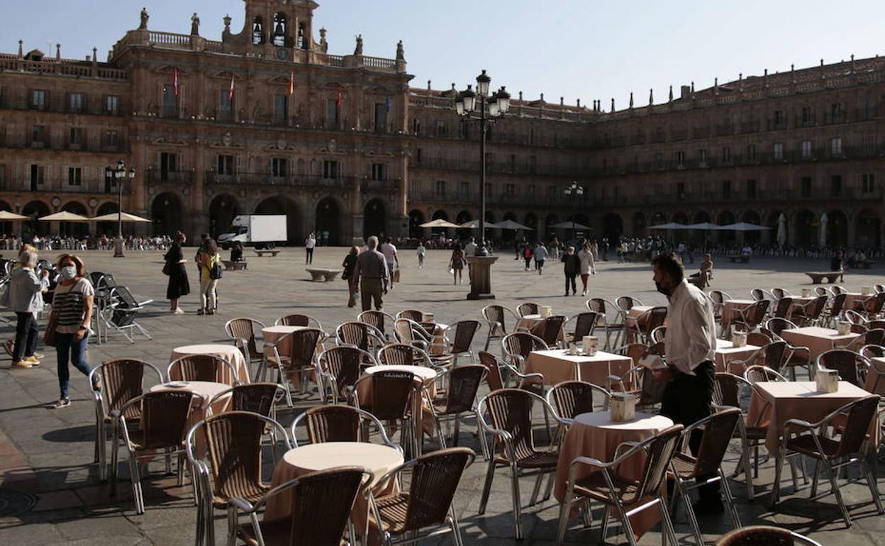 Un camarero prepara las mesas de una terraza de la Plaza Mayor. 