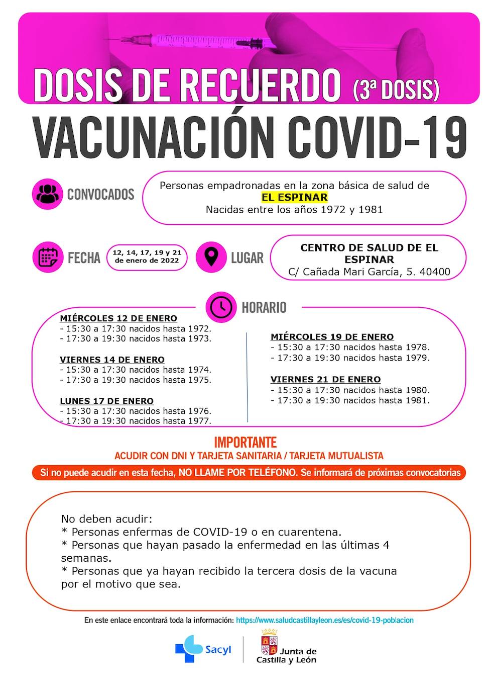 Información y horarios sobre la vacunación con terceras dosis en El Espinar.