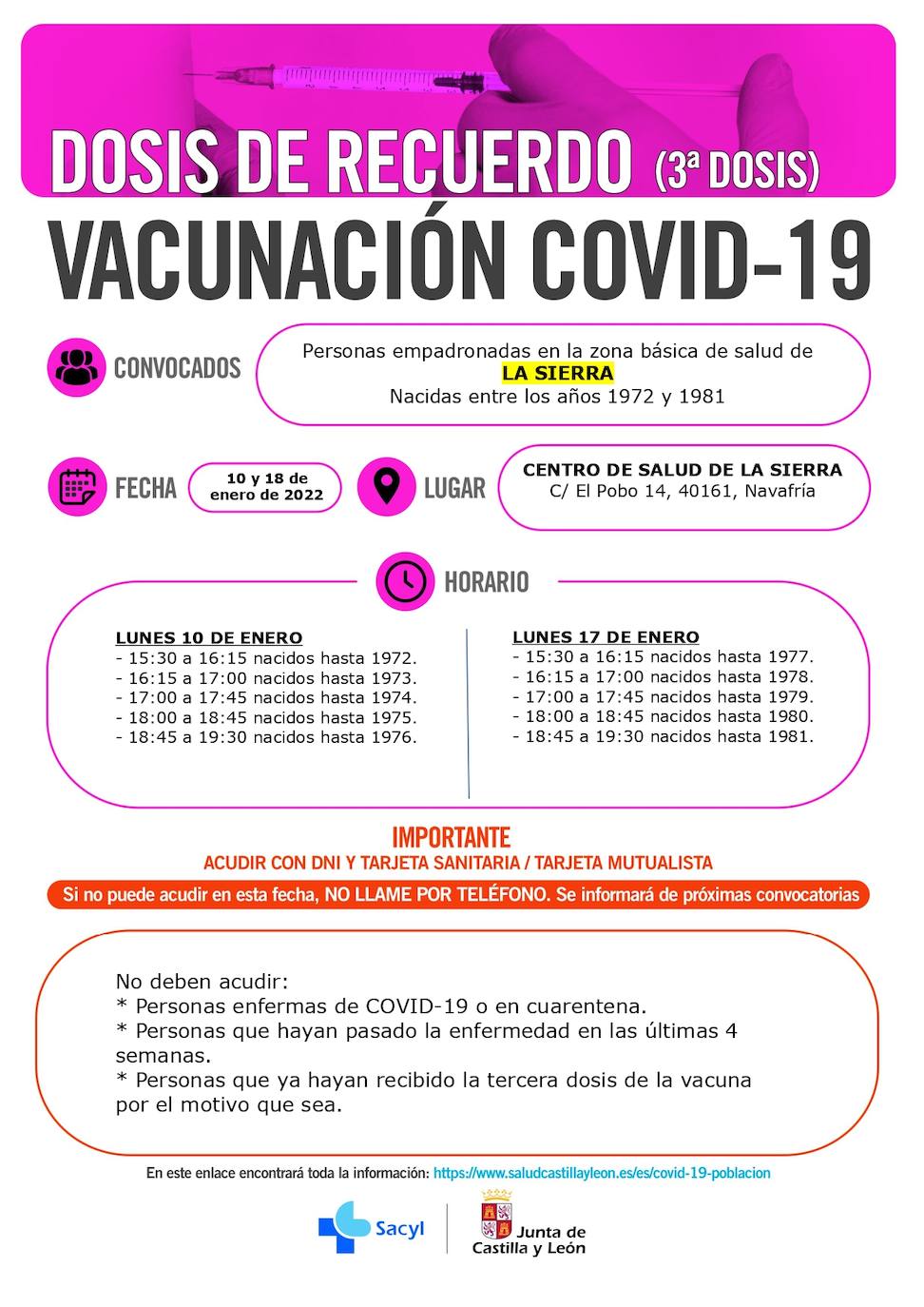 Información y horarios sobre la vacunación con terceras dosis en la zona básica de salud de La Sierra.