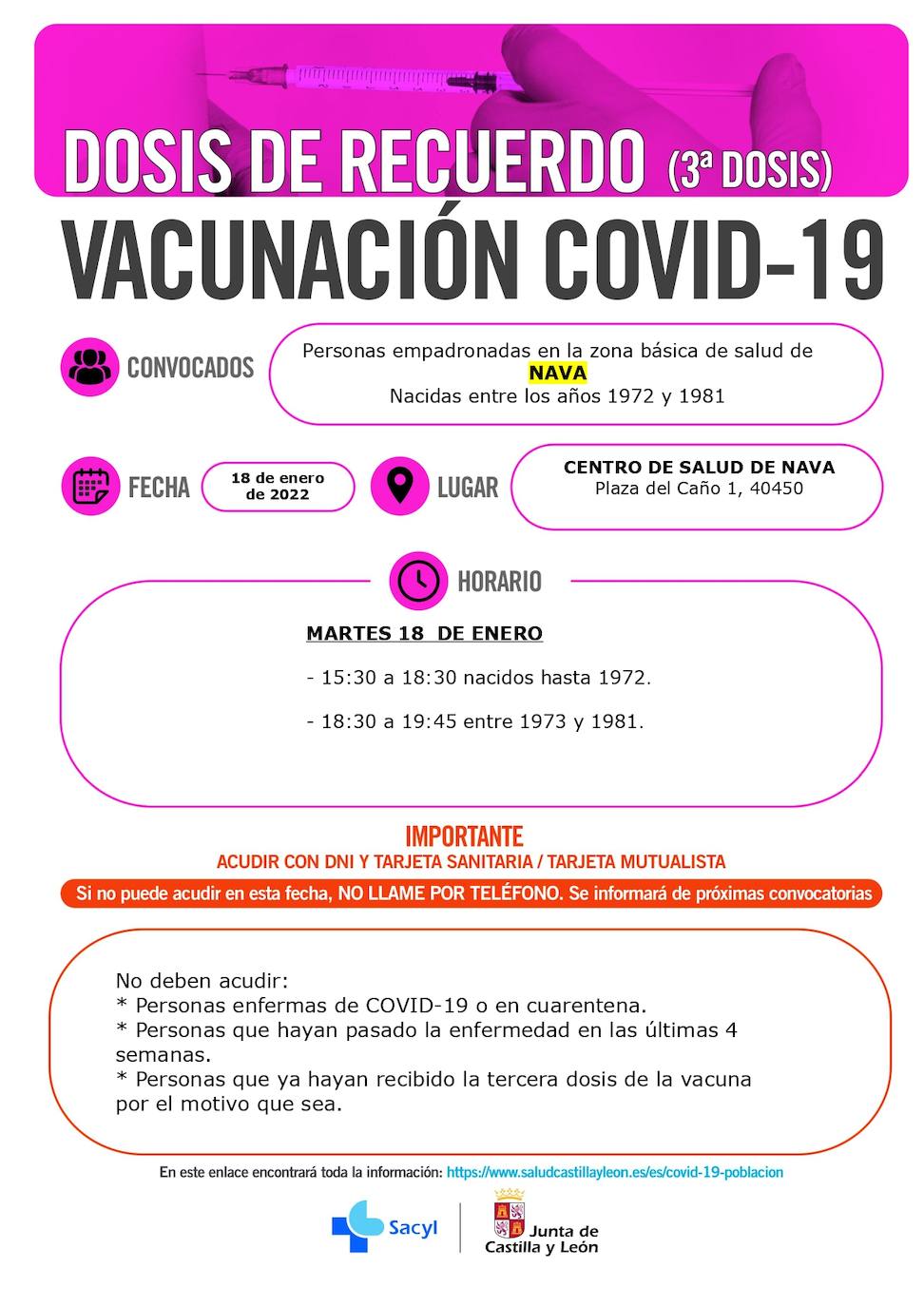 Información y horarios sobre la vacunación con terceras dosis en Nava de la Asunción.