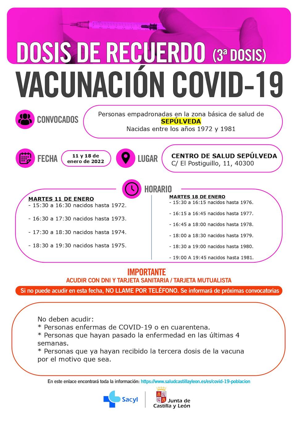 Información y horarios sobre la vacunación con terceras dosis en Sepúlveda.