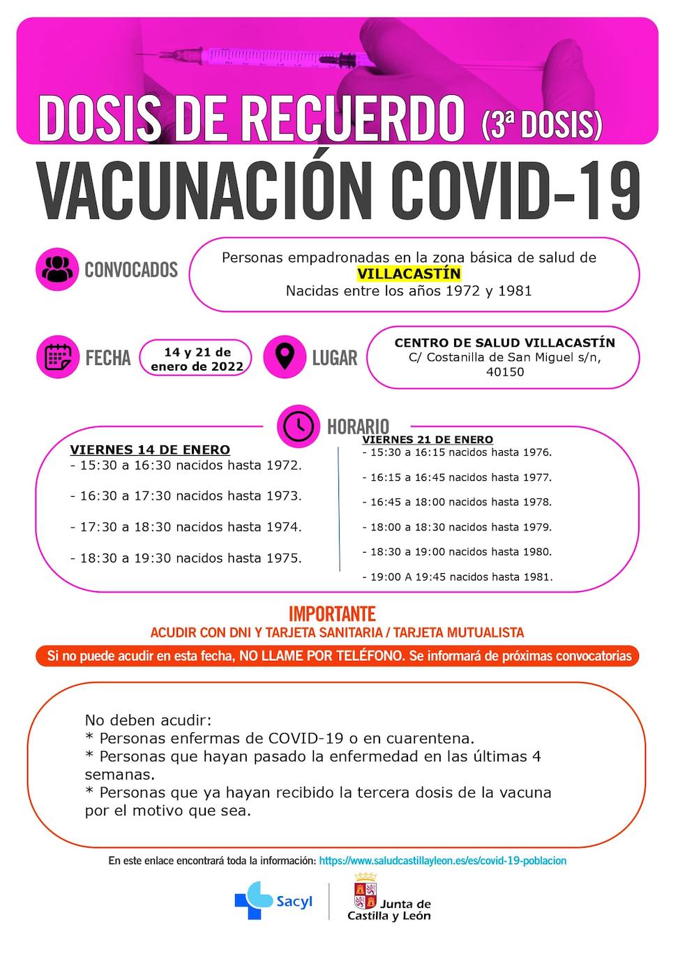 Información y horarios sobre la vacunación con terceras dosis en Villacastín.