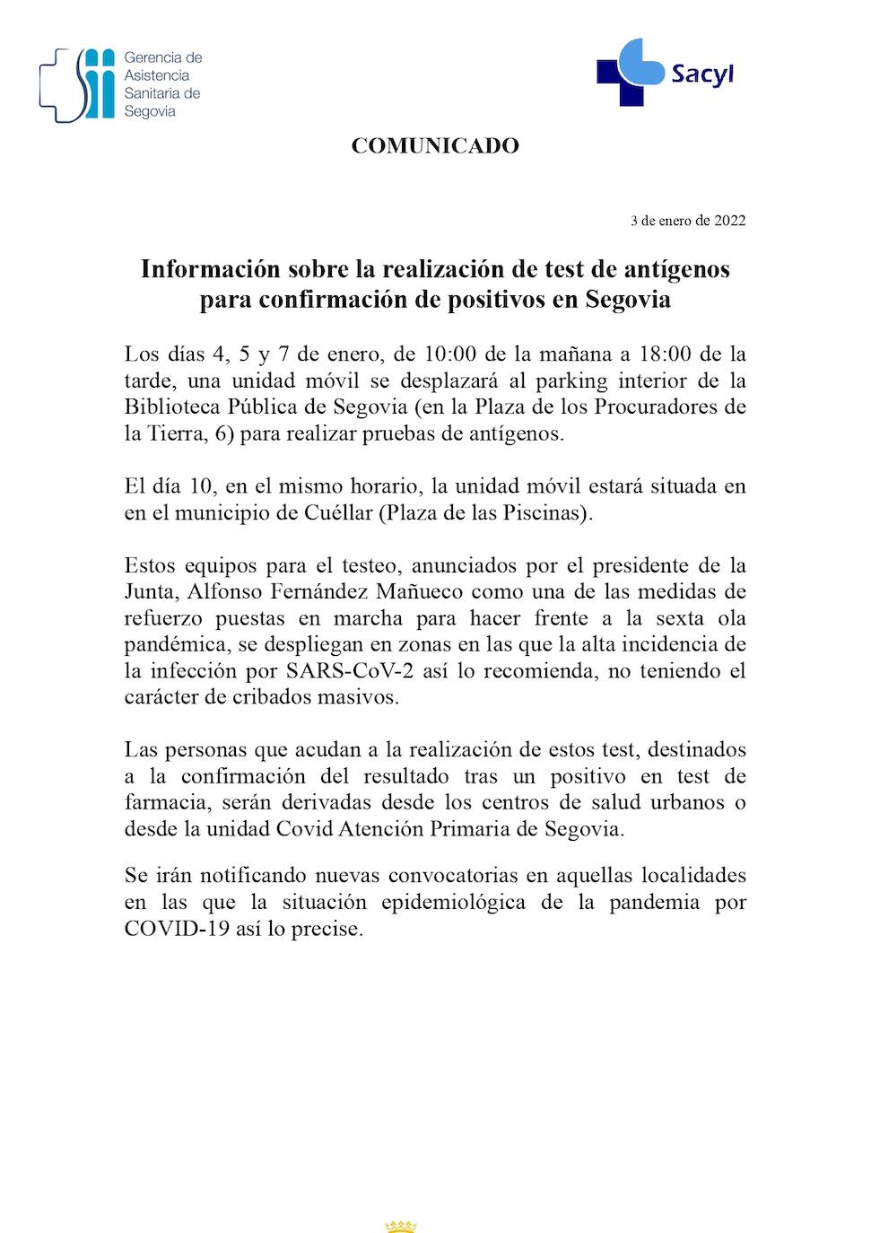 Comunicado enviado por la Gerencia de Asistencia Sanitaria de Segovia el pasado 3 de enero.