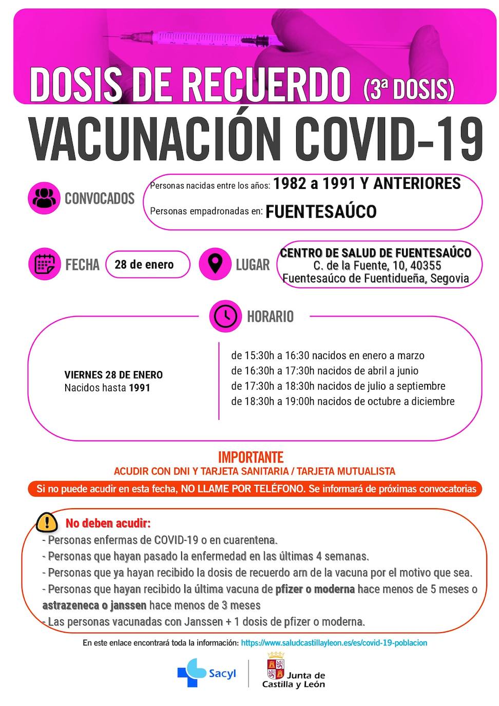 Información y horarios sobre la vacunación en Fuentesaúco.