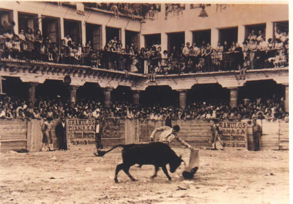 Un torero intenta realizar un pase al novillo en la antigua Plaza de Toros de la villa.