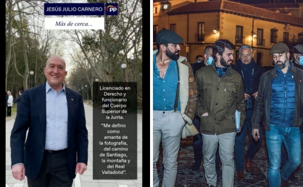 A la izquierda, Carnero en el vídeo de presentación de candidatos del PP en Valladolid. A la derecha, Abascal junto al candidato de Vox Juan García-Gallardo. 