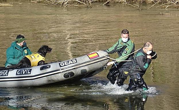 Los buzos, junto al guía canino de Baguira, rastrean el Duero en Traspinedo. 
