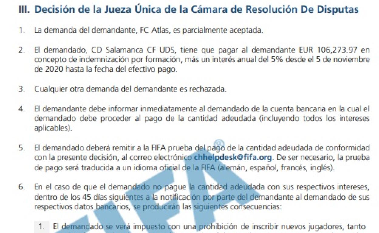 La FIFA condena al Salamanca UDS a pagar 106.273 euros al Atlas mexicano por Denilson Aldair Villa