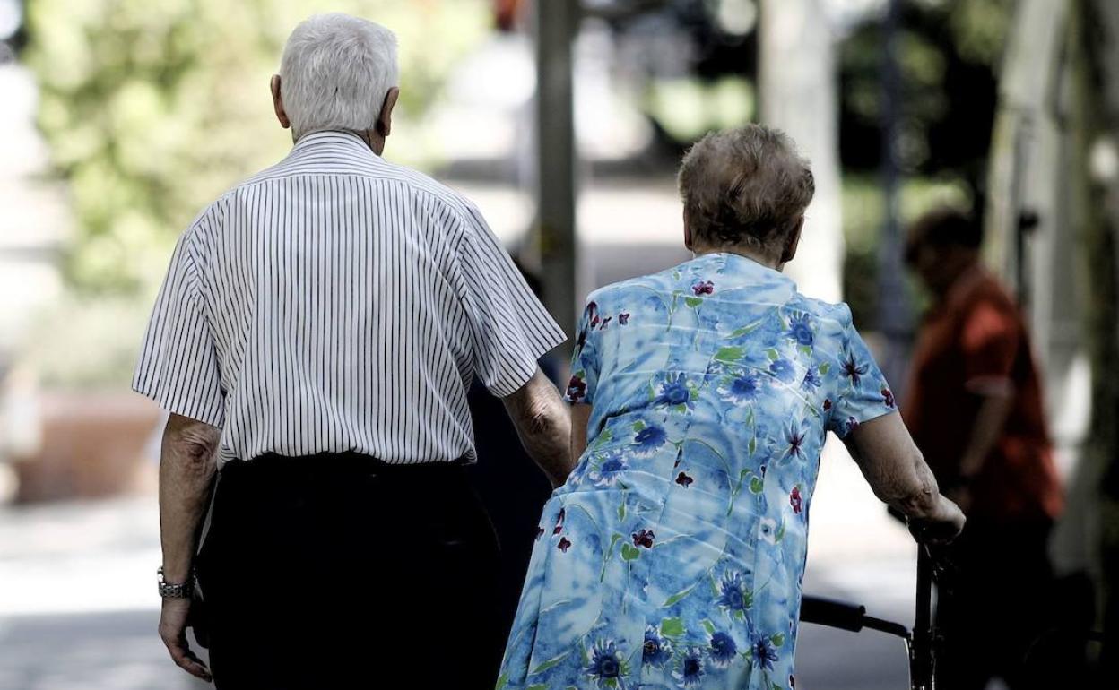 Una pareja de jubilados pasea por un parque.