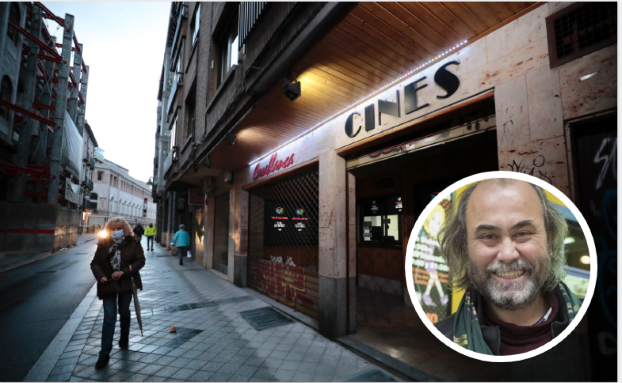 La fachada de los Cines Casablanca en el centro de Valladolid, y en el círculo, Arturo Dueñas.