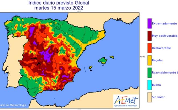 Índice de calidad global del aire previsto para este 15 de marzo.