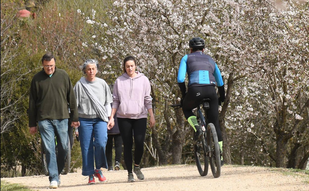 Paseantes y un ciclista, ayer, en el Cerro de las Contiendas. 