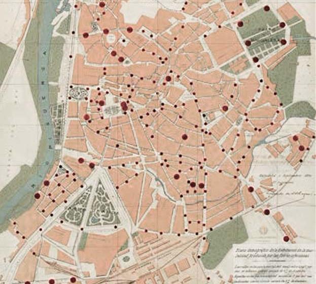 Proyecto de Recaredo Uhagón de 1890. Plano demográfico de la distribución de la mortalidad producida por las fiebres infecciosas. Se representan con círculos cuyo diámetro es función del número de defunciones (Archivo Municipal de Valladolid AMVA, Expte. C 21095-1).