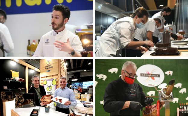 El chef berciano Samuel Naveira, galardonado en Madrid Fusión; la joven repostera vallisoletana Inés Hernández; el estand de Alimentos de Palencia y el cortador de jamón salmantino Jesús Poyatos. 