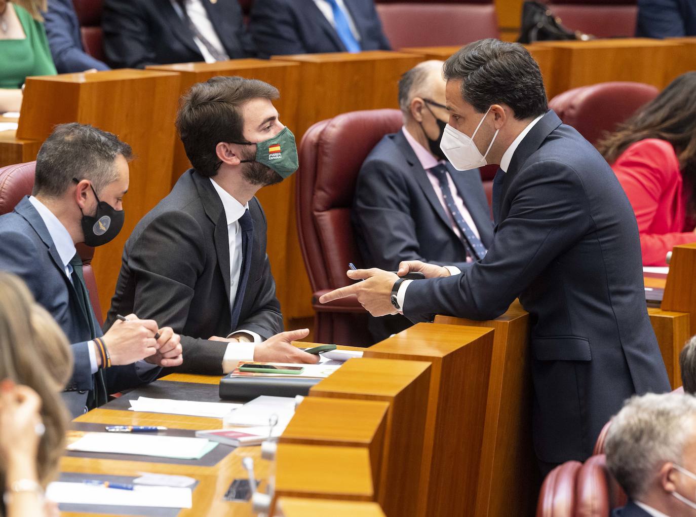 Juan García-Gallardo (Vox) y Raúl de la Hoz (PP) conversan en el hemiciclo de las Cortes.