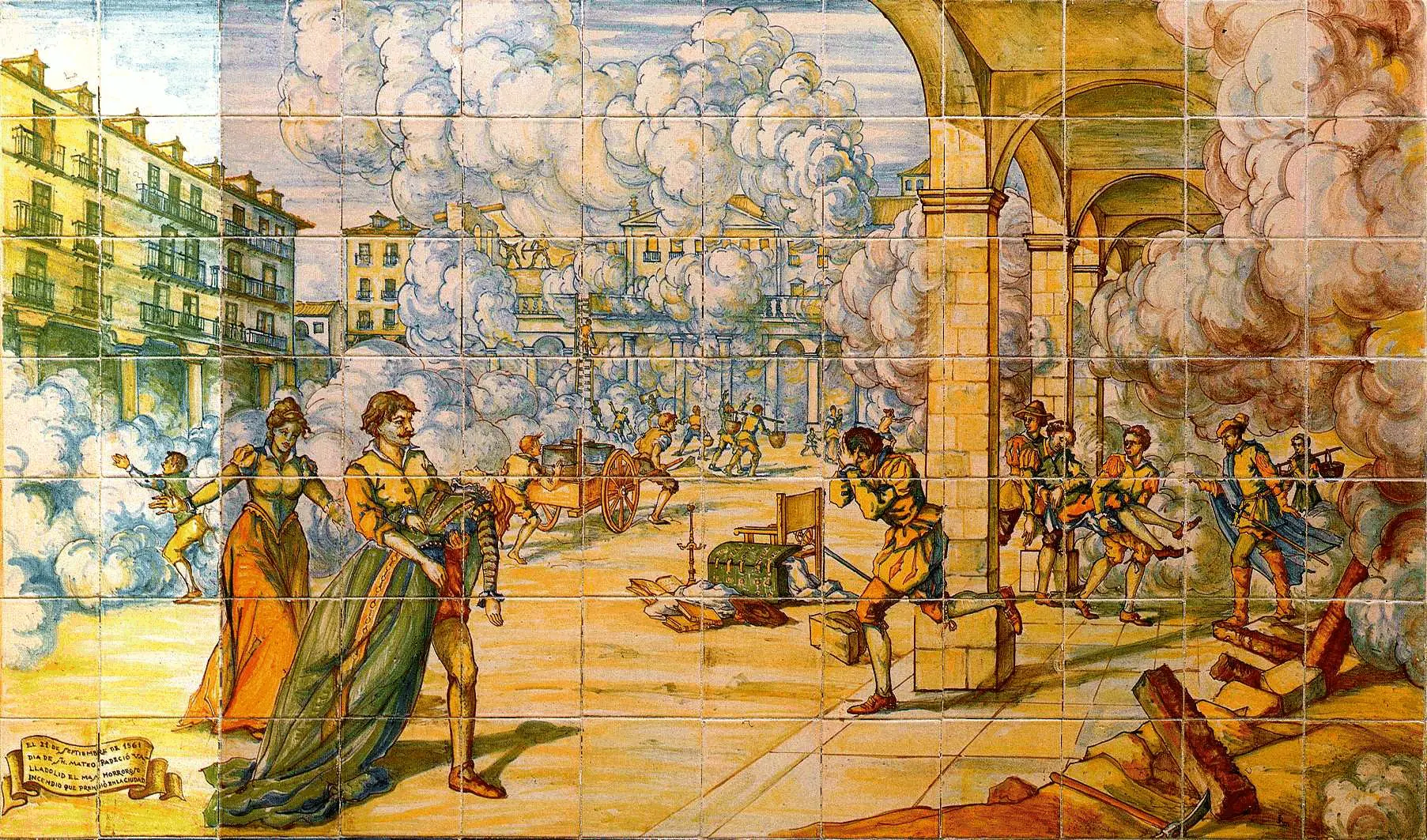 Un azulejo en el zaguán de la Diputación ofrece una imagen idealizada del incendio ocurrido en el festividad de San Mateo del 1561. El fuego se originó en una casa de la calle Platería y se extendió provocando la destrucción de entre 440 y 600 casas, la décima parte de la ciudad.