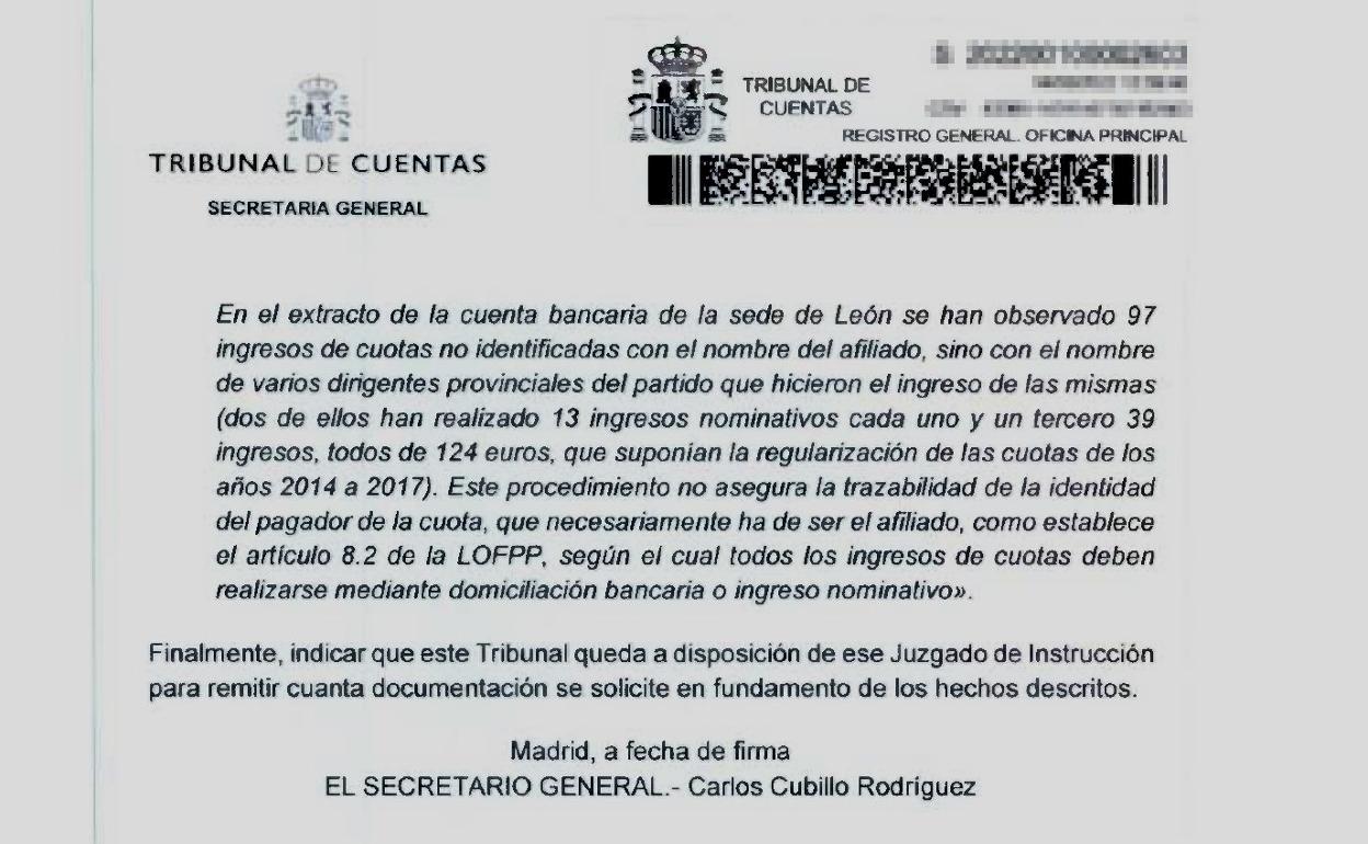 Imagen del informe remitido por el Tribunal de Cuentas y al que ha tenido acceso leonoticias. 