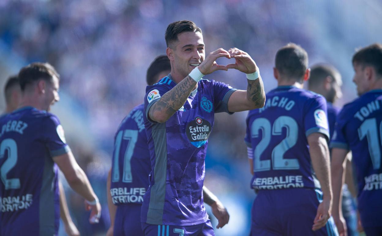 Sergio León celebra un gol ante el Leganés. 