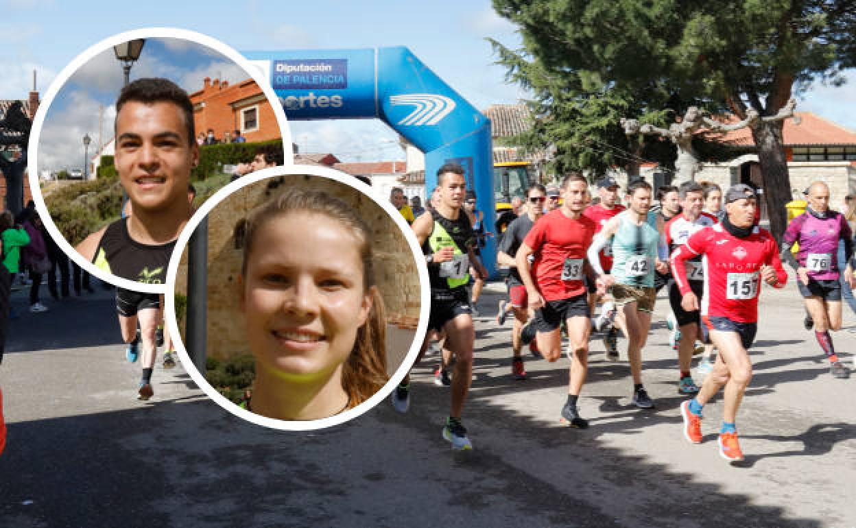 Salida de la carrera Entre Castillos en Monzón de Campos, este domingo por la mañana. En pequeño, Guillermo Acosta y Casey Sautier, los ganadores.