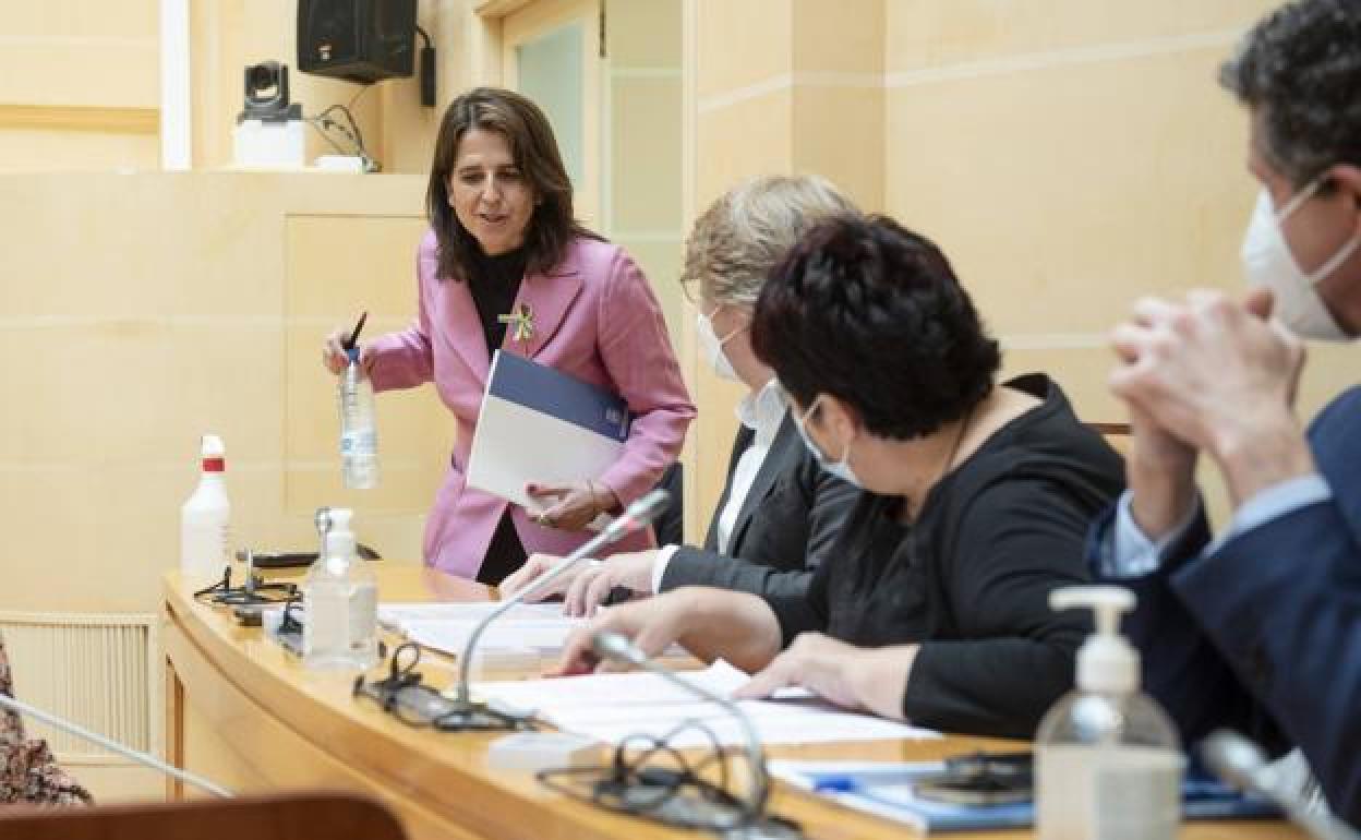 La defensora de la Ciudadanía, Paloma Serrano, se dispone a tomar asiento en el pleno. 