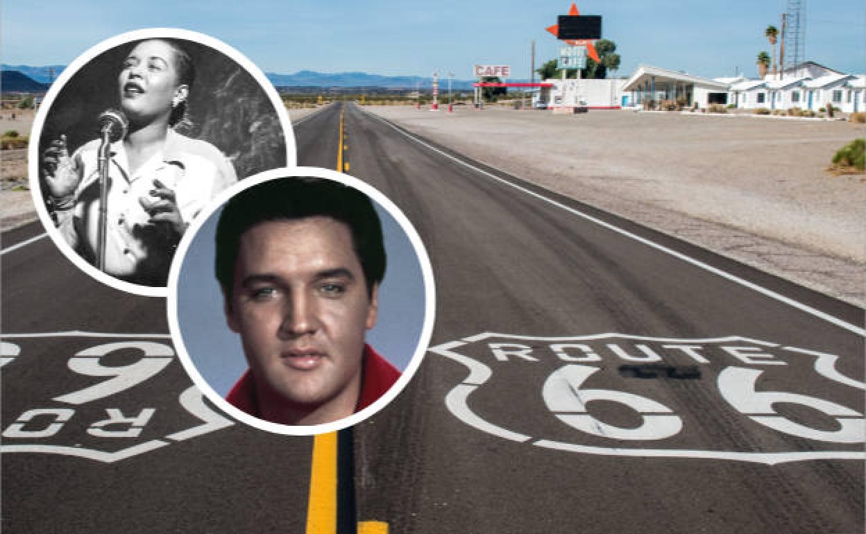 Billie Holliday y Elvis Presley, sobre un tramo de la ruta 66.